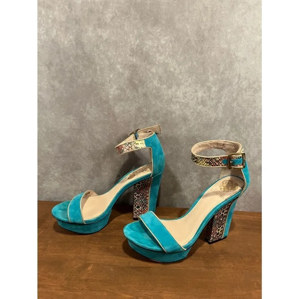 Vince Camuto Turquoise Suede Platform Ankle-Strap Platform Heels size 9
